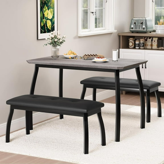 IdealHouse 3-Piece Dining Table Set for 4 with 2 Upholstered Benches, Space-Saving Wooden Kitchen Table, for Small Dining Room, Apartment, Home, Grey