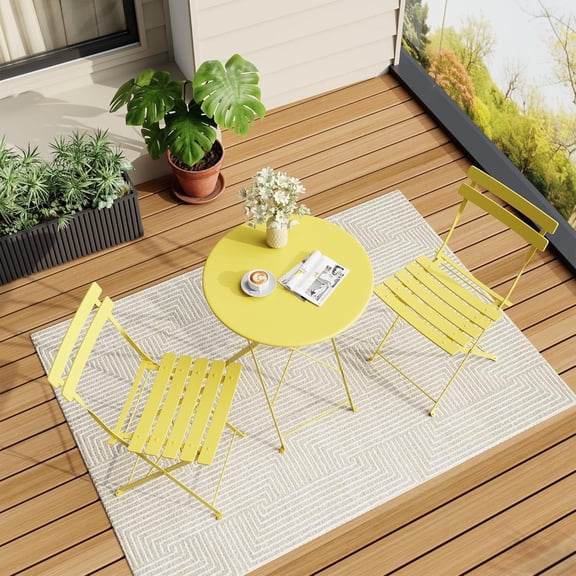IdealHouse 3-Piece Foldable Bistro Table and Chairs Set - Indoor/Outdoor Premium Metal Frame Coffee Table Set, for Garden/Yard/Balcony, Yellow