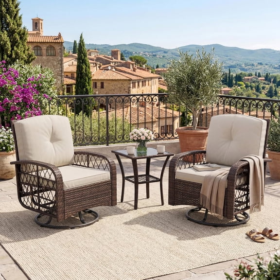 IdealHouse 3-Piece Outdoor Patio Furniture Set, Wicker Swivel Rocking Chairs with Thick Cushions and Glass Coffee Table, Backyard & Garden Bistro Rocker Set, Brown Beige