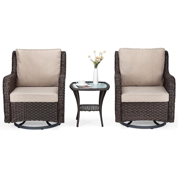 IdealHouse 3-Piece Outdoor Wicker Patio Bistro Set with 2 360° Swivel Rocking Chairs and Tempered Glass Table, All-Weather Rattan Furniture, Encrypted Beige