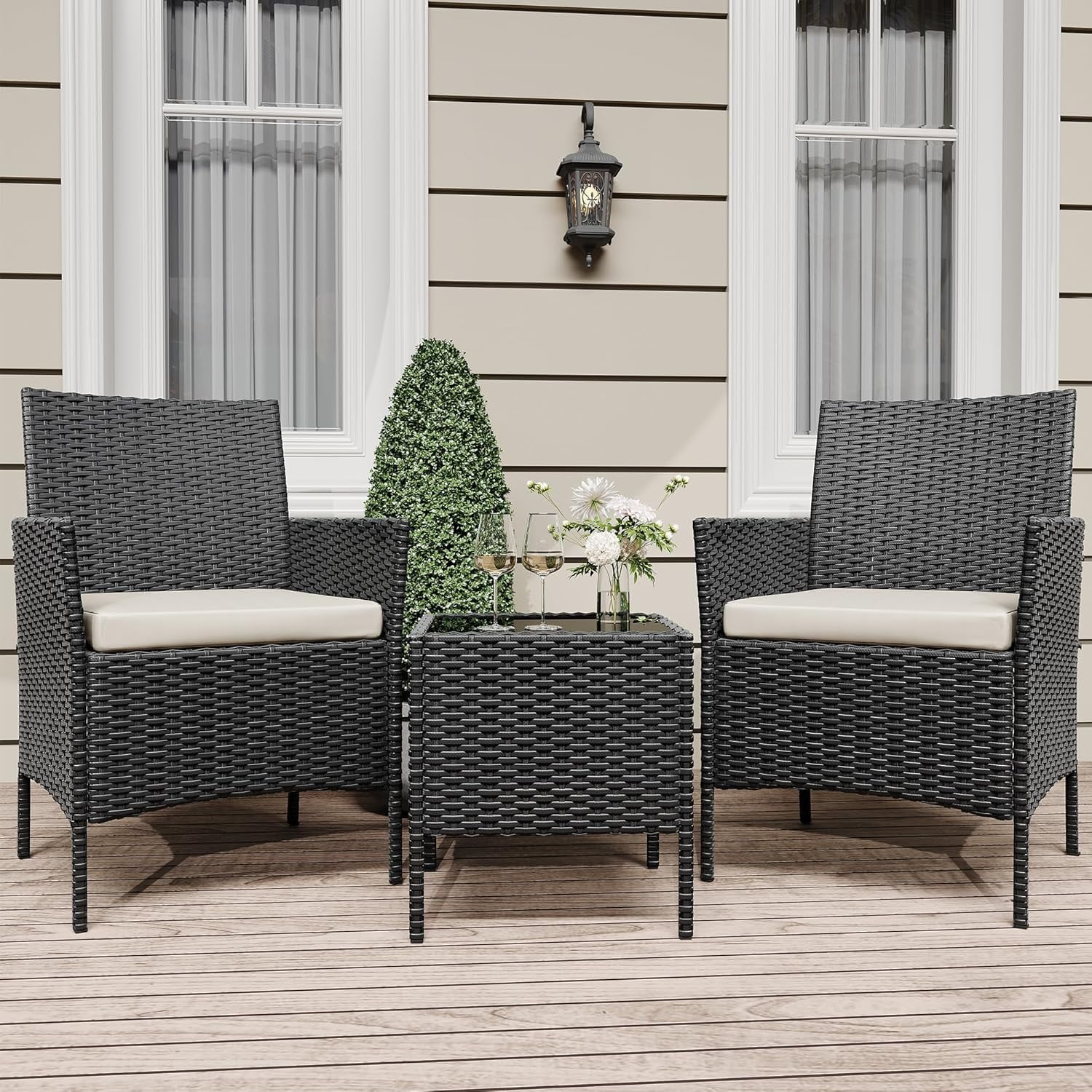 IdealHouse 3 Piece Patio Furniture Set, Rattan Outdoor Furniture with 2 Chairs & Coffee Table, Modern Outdoor Seating Conversation Bistro Set for Garden Backyard Porch (Black and Beige)