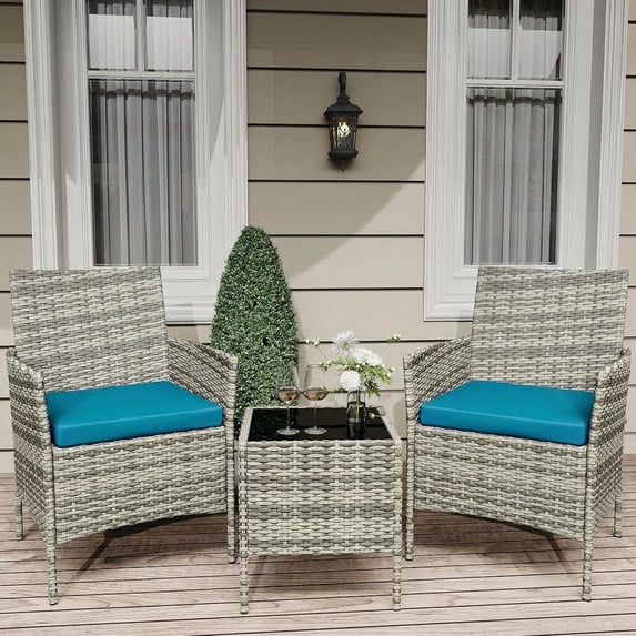 IdealHouse 3 Piece Patio Furniture Set, Rattan Outdoor Furniture with 2 Chairs & Coffee Table, Modern Outdoor Seating Conversation Bistro Set for Garden Backyard Porch (Grey and Peacock Blue)