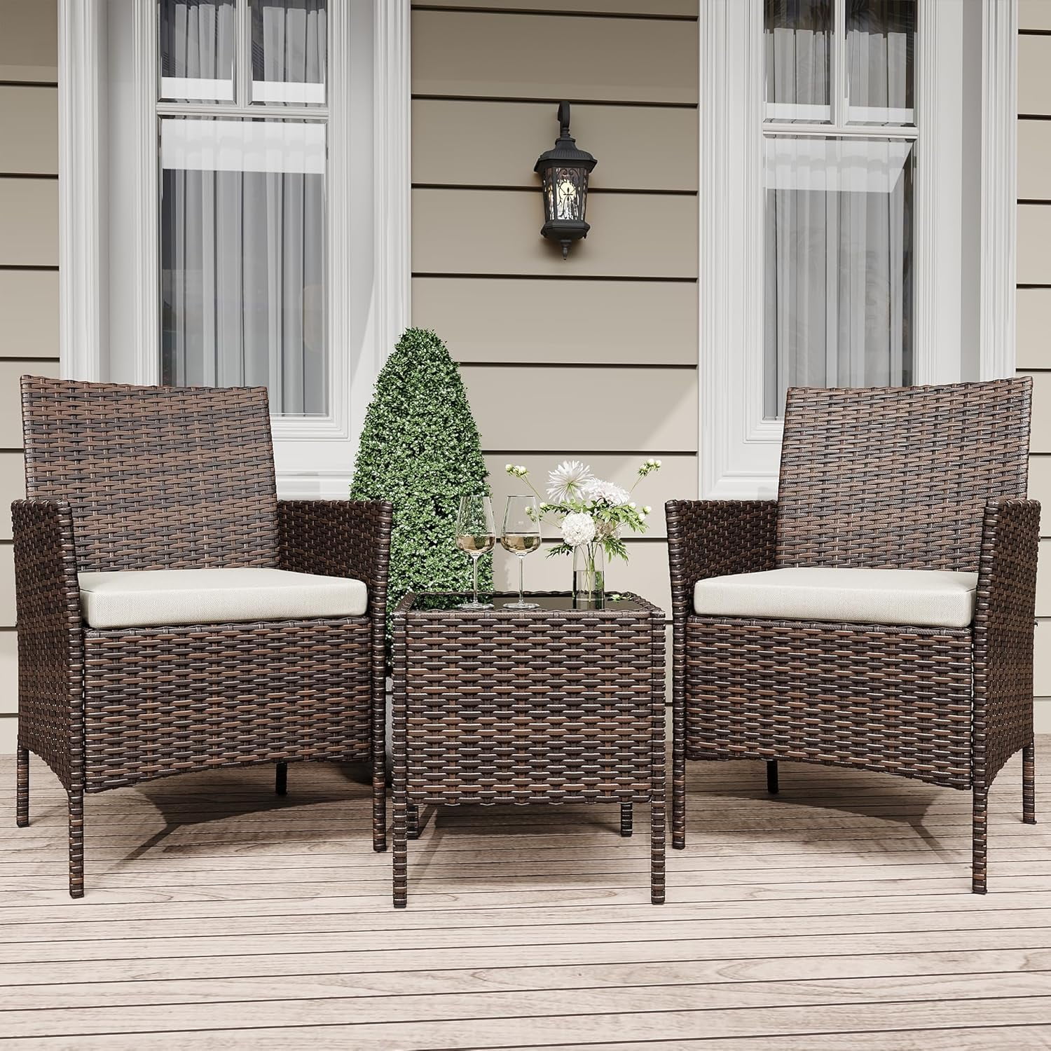IdealHouse 3-Piece Patio Furniture Set, Rattan Outdoor Furniture with 2 Chairs & Coffee Table, Modern Outdoor Seating Conversation Bistro Set for Garden Backyard Porch (Brown and Beige)