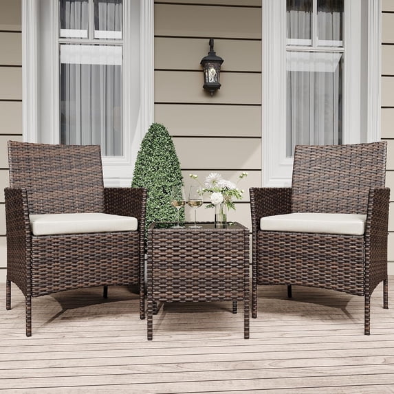 IdealHouse 3-Piece Patio Furniture Set, Rattan Outdoor Furniture with 2 Chairs & Coffee Table, Modern Outdoor Seating Conversation Bistro Set for Garden Backyard Porch (Brown and Beige)