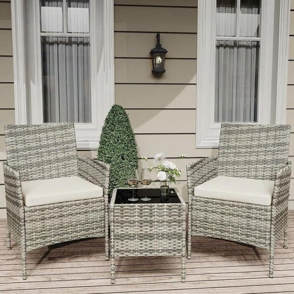 IdealHouse 3 Piece Patio Furniture Set, Rattan Outdoor Furniture with 2 Chairs & Coffee Table, Modern Outdoor Seating Conversation Bistro Set for Garden Backyard Porch (Grey and Beige)