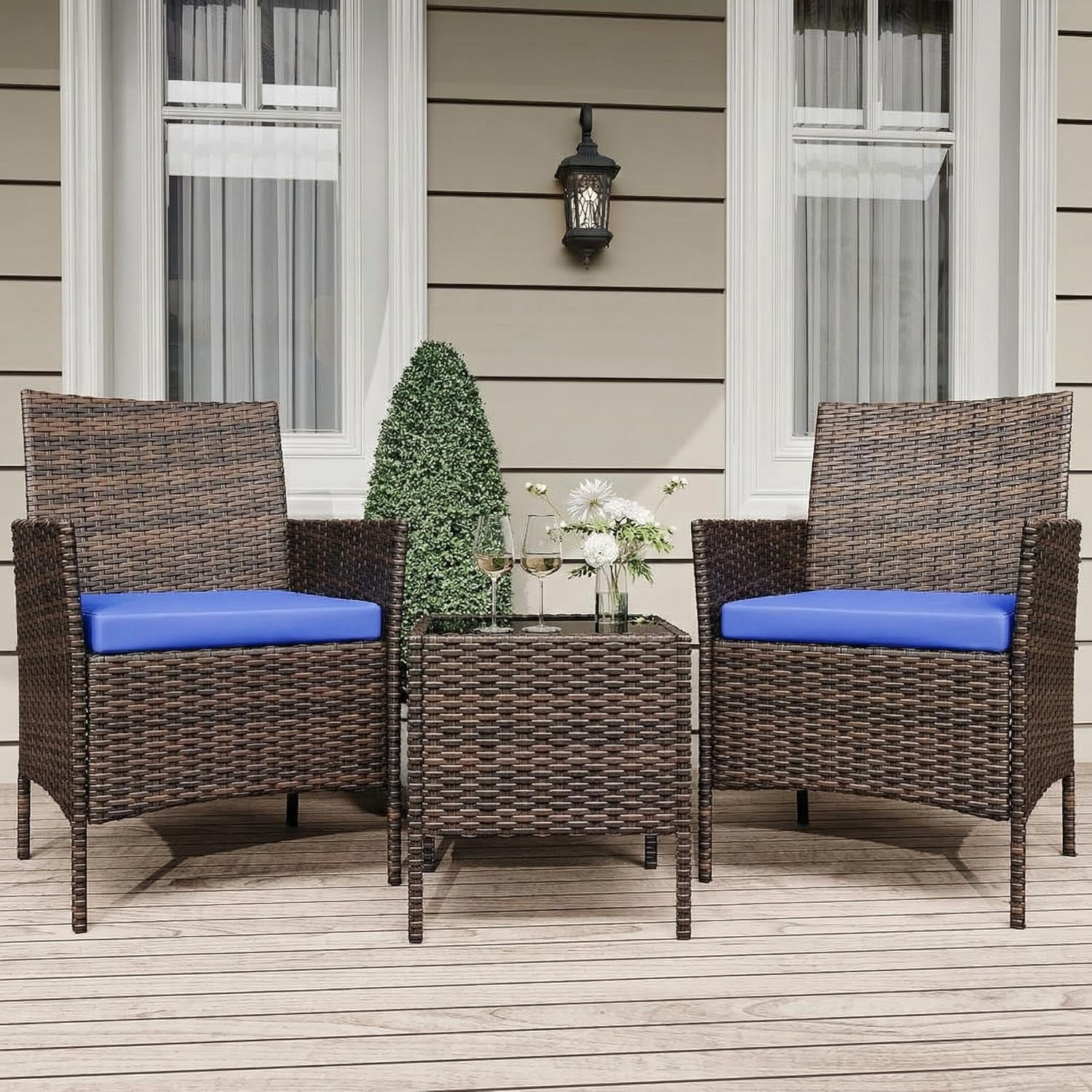 IdealHouse 3 Piece Patio Furniture Set, Rattan Outdoor Furniture with 2 Chairs & Coffee Table, Modern Outdoor Seating Conversation Bistro Set for Garden Backyard Porch (Brown and Blue)