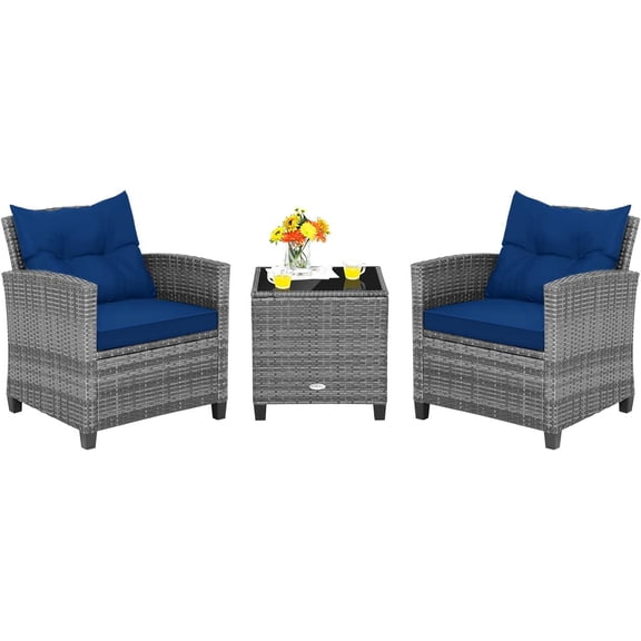 IdealHouse 3 Pieces Patio Furniture Set, Outdoor PE Rattan Conversation Chair Set with Tempered Glass Side Table and Removable Cushions, PE Wicker Chairs and Table Set for Porch, Balcony and Garden