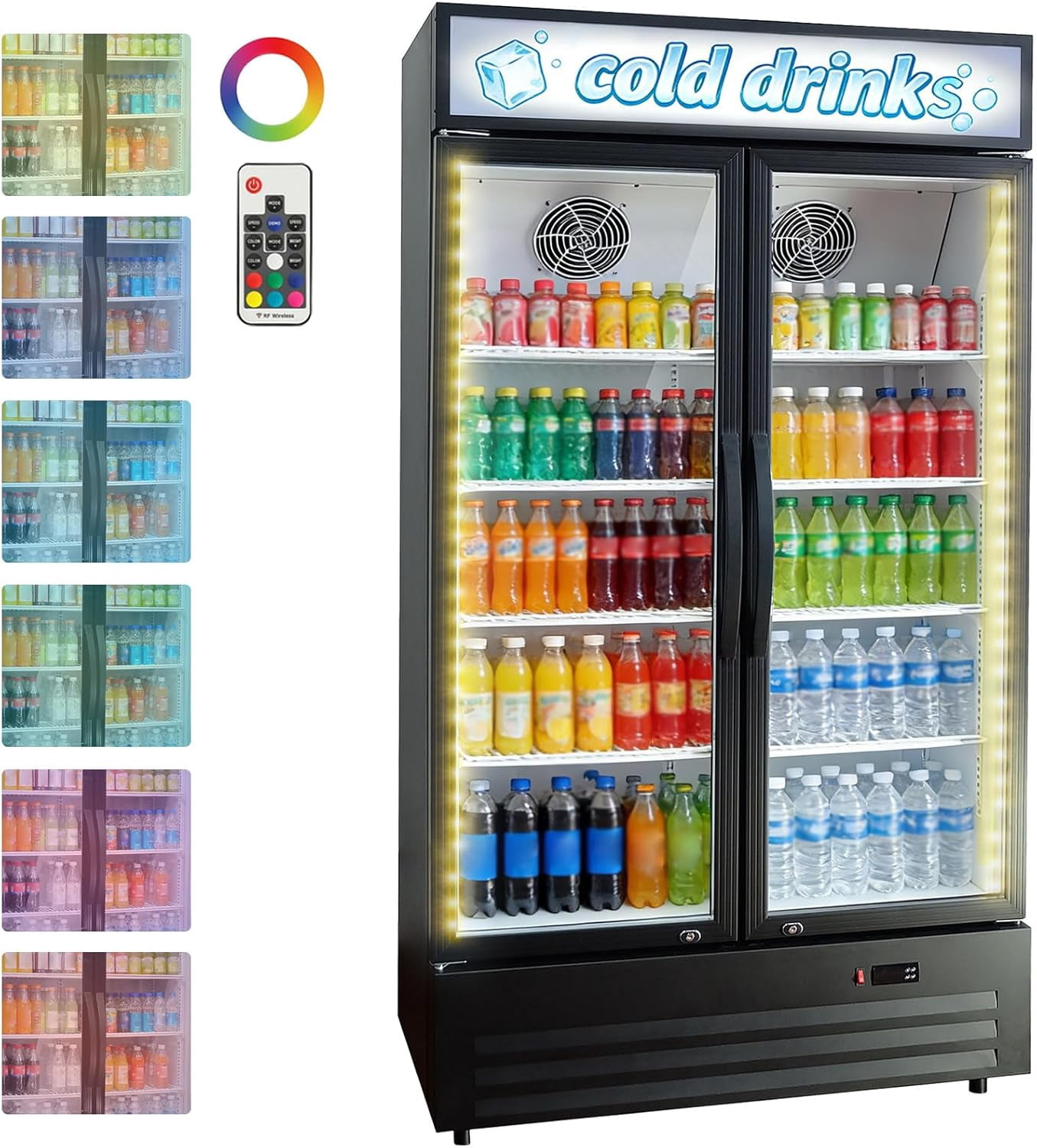 IdealHouse 34.8 Cu.ft Commercial Beverage Fridge, Double Glass Door Display Refrigerator with Adjustable Shelves, Customizable LED Lightbox & Frost-Free System, Beverage Cooler, Black