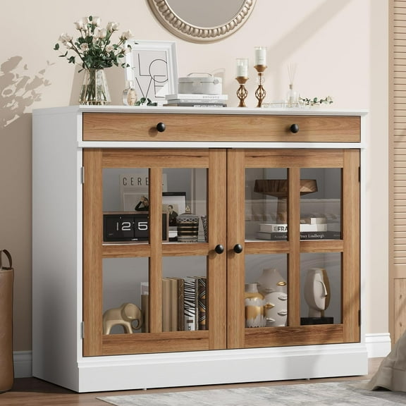 IdealHouse 35.4" Sideboard Buffet Cabinet with Glass Doors, Drawer & Adjustable Shelves, Modern Storage Cabinet for Dining Room, Kitchen, White & Brown