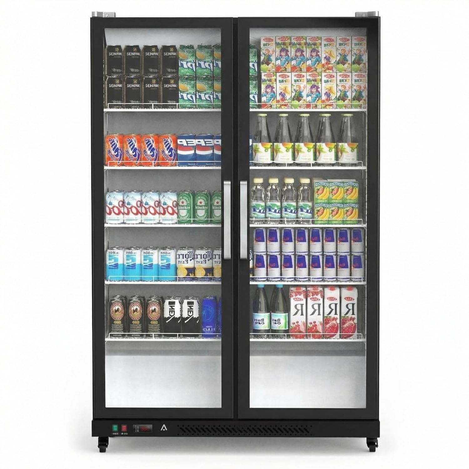 IdealHouse 39 cu.ft Commercial Refrigerator with Double Glass Doors – Upright Beverage Display Cooler with LED Lighting, Stainless Steel, Auto-Close Doors & Digital Thermostat