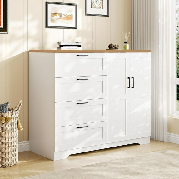 IdealHouse 43.3" Armoire Wardrobe Closet with 4 Drawers and 2 Doors, Wooden Dresser with Hanging Rod, Multifunctional Storage Cabinet for Bedroom, White