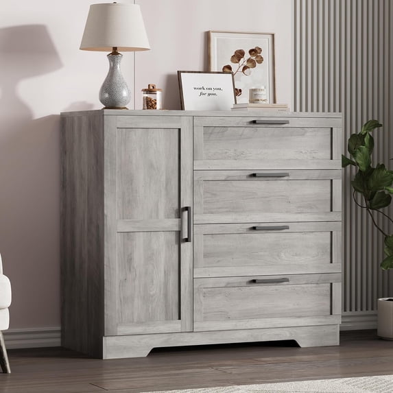 IdealHouse 43.3" H Armoire Wardrobe Closet with 4 Drawers & Hanging Rod, Multifunctional Wood Storage Cabinet for Bedroom, Grey