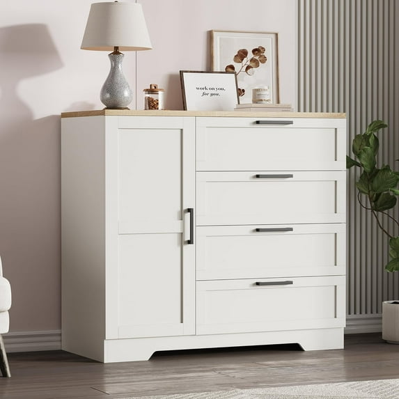 IdealHouse 43.3" H Armoire Wardrobe Closet with 4 Drawers & Hanging Rod, Multifunctional Wood Storage Cabinet for Bedroom, White