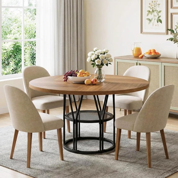 IdealHouse 47" Round Dining Table with Storage, Modern Kitchen Table for 4-6, Sturdy Metal Frame Circle Dinner Table for Small Space, Apartment, Living Room, Office - Space Saving Design,Brown