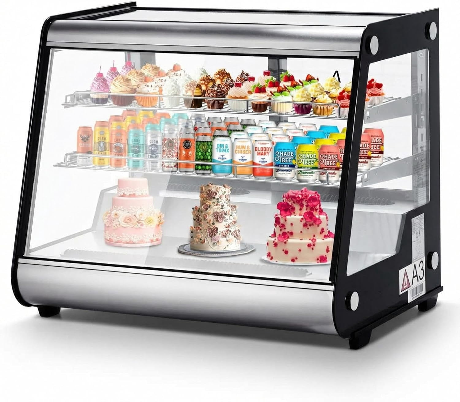 IdealHouse 5.3 Cu.Ft Commercial Countertop Refrigerators Display Case, Stainless Steel Beverage Refrigerator with LED Lighting, Auto Defrost, Adjustable Shelves, Rear Sliding Door for Restaurant