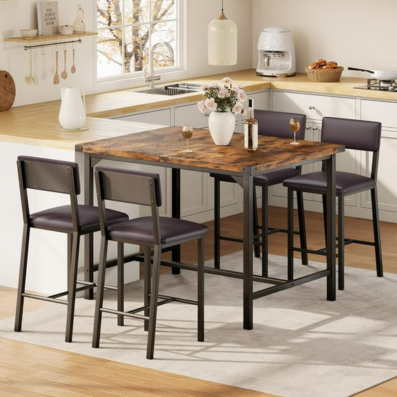 IdealHouse 5-Piece Counter Height Dining Table Set for 4 with Footrest & Corner Protectors, Kitchen Table and 4 Upholstered Bar Stools, Rustic Brown