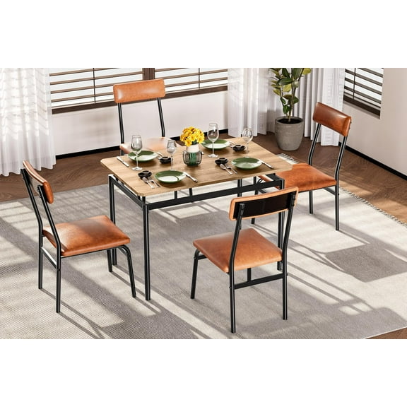 IdealHouse 5-Piece Dining Table Set, Brown Wood Kitchen Table with 4 PU Upholstered Chairs, Space-Saving Metal Frame Dinette, for Dining Room, 4 PU Brown Chair