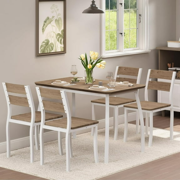 IdealHouse 5-Piece Dining Table Set for 4, Modern Kitchen Table and 4 Chairs, Space-Saving Metal Frame, for Small Apartment, Dining Room, Wood Grain