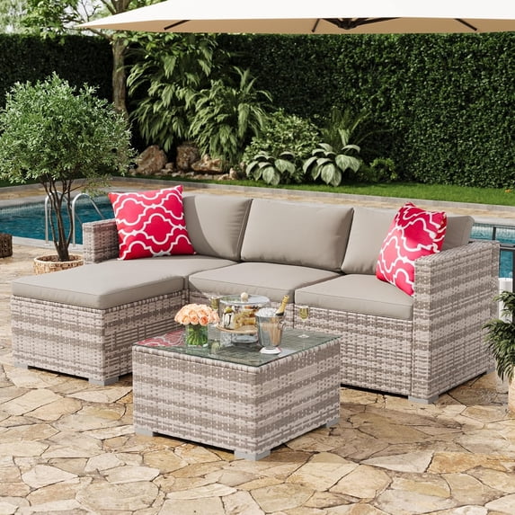 IdealHouse 5-Piece Outdoor Sectional Sofa Set, All-Weather PE Rattan Patio Furniture with Ottoman & Tempered Glass Table, Convertible Garden Couch for Backyard, Porch, Poolside (Gray/Light Gray)