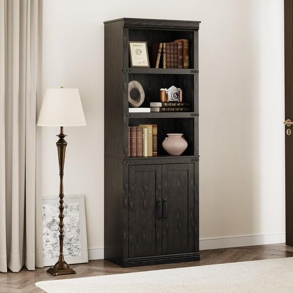IdealHouse 5-Tier Farmhouse Bookshelf with Doors, 68.7" H x 24.4" W x 12.9" D, Wooden Storage Cabinet for Living Room, Office, Bedroom – Black