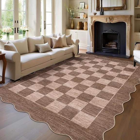 IdealHouse 5'x7' Washable Kitchen Rug, Non-Slip Low Pile Scalloped Checkerboard Farmhouse Entryway Mat, Soft Neutral Area Rug, Brown