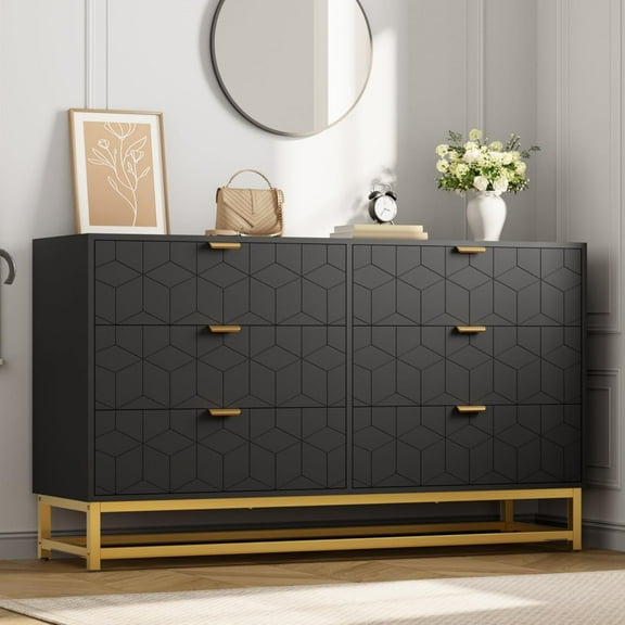 IdealHouse 53.5" Wide Modern 6 Drawer Dresser, Wide Chest with Gold Metal Legs & Handles, Wood Storage Organizer for Bedroom, Living Room, Hallway, Black
