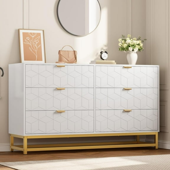 IdealHouse 53.5" Wide Modern 6 Drawer Dresser, Wide Chest with Gold Metal Legs & Handles, Wood Storage Organizer for Bedroom, Living Room, Hallway, White