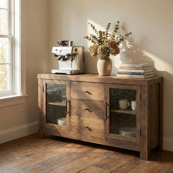 IdealHouse 54.4” Buffet Sideboard, Accent Storage Cabinet with 2 Glass Doors & 3 Drawers, Coffee Bar Table, TV Stand for Living Room, Kitchen, Dining Room