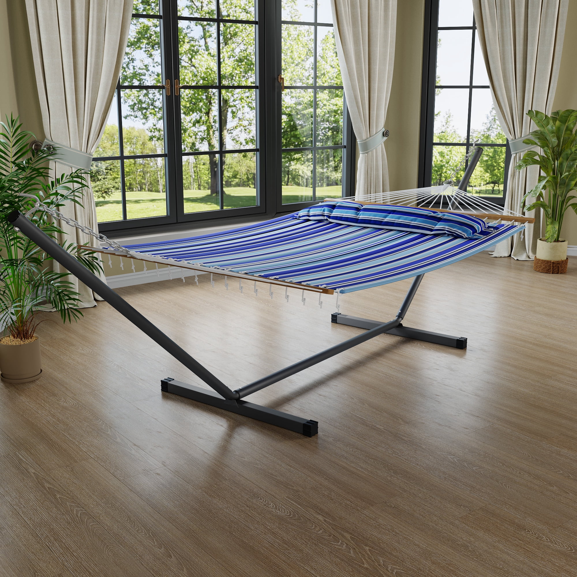 IdealHouse 57" Double Hammock with Heavy Duty Stand – 2 Person Hammock, Widening Cotton Fabric Design, 450 LB Capacity for Indoor & Outdoor Use (Blue)