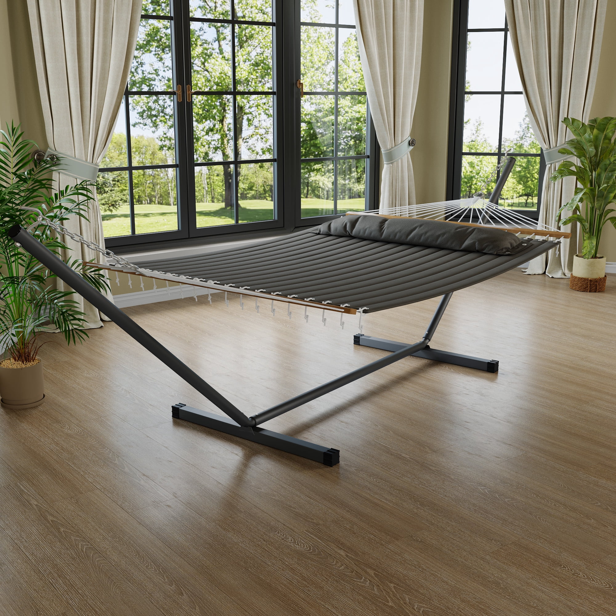 IdealHouse 57" Double Hammock with Heavy Duty Stand – 2 Person Hammock, Widening Cotton Fabric Design, 450 LB Capacity for Indoor & Outdoor Use (Dark Grey)