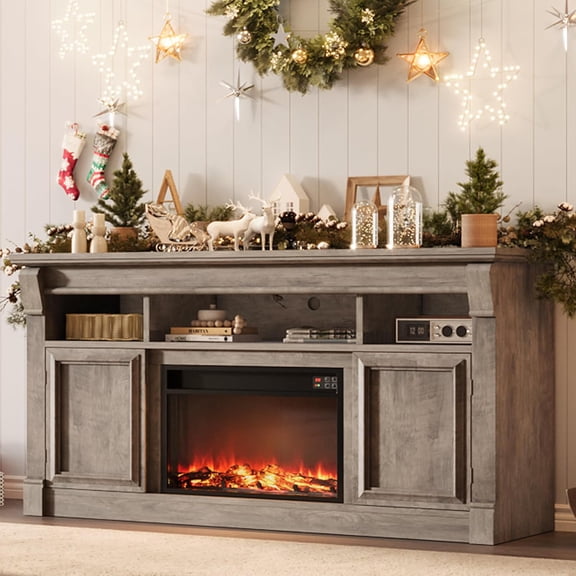 IdealHouse 58" Farmhouse Fireplace TV Stand, Entertainment Center with Open Storage Cabinets for TVs Up to 75", Media Console for Living Room