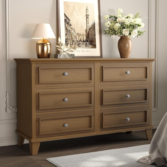 IdealHouse 6 Drawer Wide Wooden Dresser, Sturdy Storage Organizer with Metal Handles & Anti-Tip Design, for Bedroom Hallway Entryway Home Office, Brown
