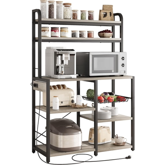 IdealHouse 6 Tier Kitchen Baker's Rack with Power Outlet, Microwave Stand with Storage Shelves & Wire Basket, Rustic Grey