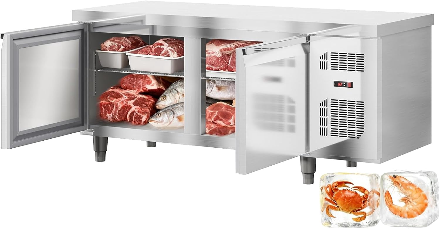 IdealHouse 60" Commercial Freezer Undercounter with Prep Table, 15 Cu. Ft Stainless Steel Freezing Food Prep Station with 2 Doors, Frost Free Refrigerator for Restaurant, Bar, Store
