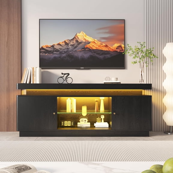 IdealHouse 63'' TV Stand with Storage, Modern Entertainment Center with Adjustable Shelf, Power Outlet & USB Ports, Media Console for Living Room, Black