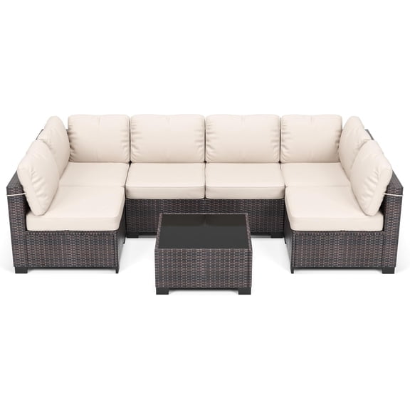IdealHouse 7 Pieces Outdoor Patio Furniture Set, Rattan Conversation Set with Coffee Table, Cushioned Sofa, Multi-Piece U-Shaped Design, Modular Family Seating, Brown + Beige