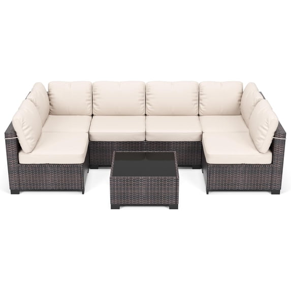 IdealHouse 7 Pieces Outdoor Patio Furniture Set, Rattan Conversation Set with Coffee Table, Cushioned Sofa, Multi-Piece U-Shaped Design, Modular Family Seating, Brown + Beige
