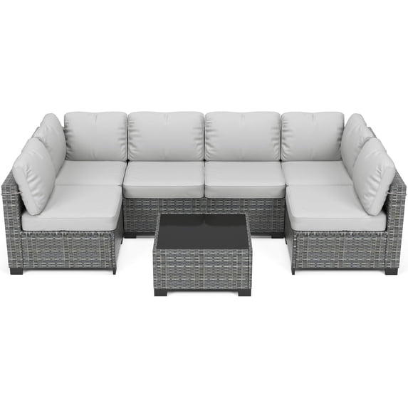 IdealHouse 7 Pieces Outdoor Patio Furniture Set, Rattan Conversation Set with Coffee Table, Cushioned Sofa, Multi-Piece U-Shaped Design, Modular Family Seating, Grey + Grey