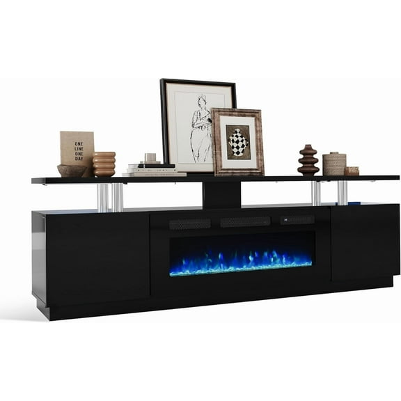 IdealHouse 70" Fireplace TV Stand with 36" Electric Fireplace Insert, 12 LED Colors, 750W/1500W, Remote Control, 2-Tier Storage, High Gloss, Fits TVs Up to 80", Black