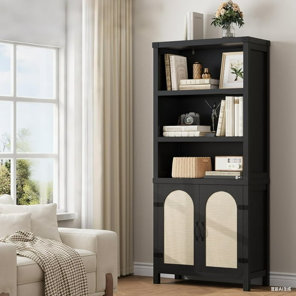 IdealHouse 70" Tall Farmhouse Bookshelf with Rattan Doors, 3-Tier Open Bookcase with Adjustable Shelves, Floor Standing Storage Cabinet, 1pc, Black
