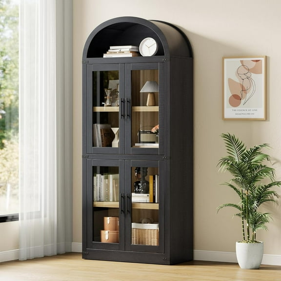 IdealHouse 71" Arched Bookshelf with Glass Doors, Farmhouse Wooden Bookcase with Storage Shelves, Rustic Display Cabinet for Living Room, Office & Kitchen, Black