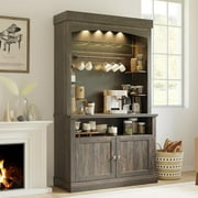 IdealHouse 72" Tall Coffee Bar Cabinet with LED Lights, Farmhouse Buffet Hutch with Storage, Microwave Stand & Wine Rack, Glass Shelf Kitchen Sideboard for Dining Room, Dark Oak