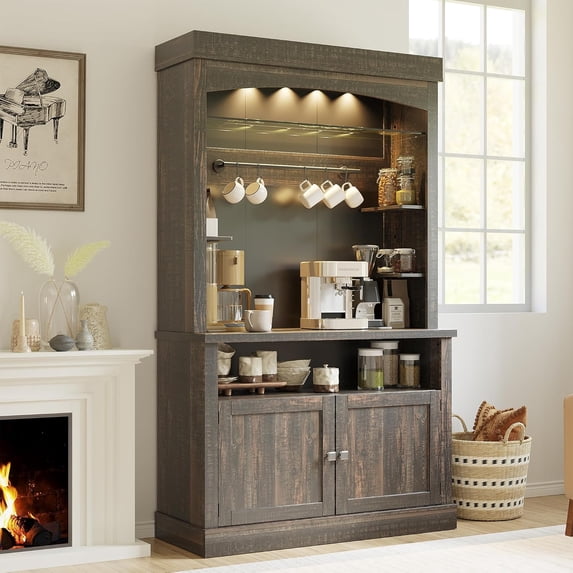 IdealHouse 72" Tall Coffee Bar Cabinet with LED Lights, Farmhouse Buffet Hutch with Storage, Microwave Stand & Wine Rack, Glass Shelf Kitchen Sideboard for Dining Room, Dark Oak