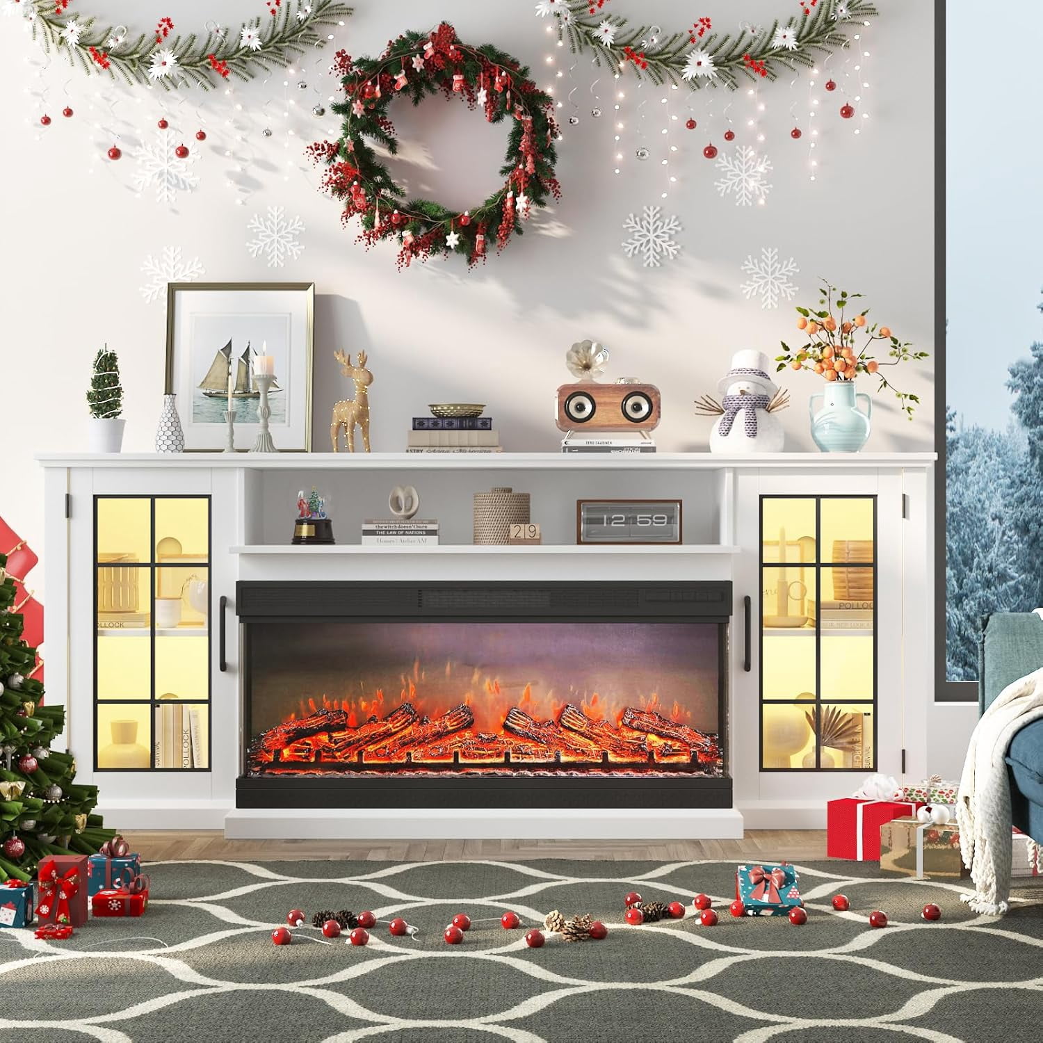 IdealHouse 75" 3-Sided Glass Fireplace TV Stand for TVs Up to 85", 40