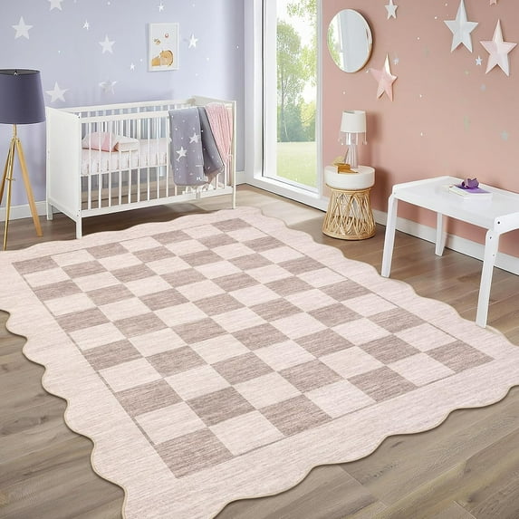 IdealHouse 8'x10' Washable Kitchen Rug, Non-Slip Low Pile Scalloped Checkerboard Farmhouse Entryway Mat, Soft Neutral Area Rug, Beige