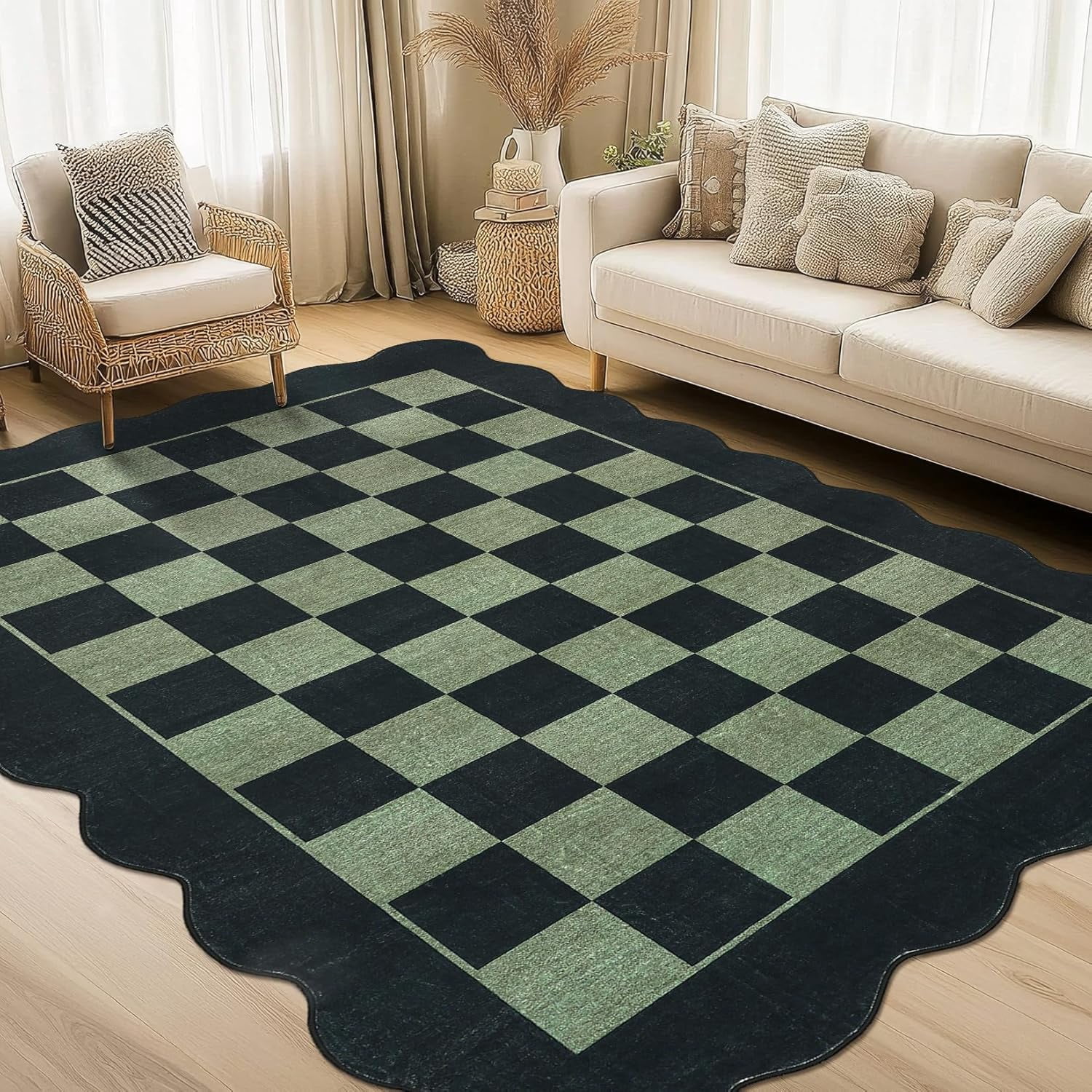 IdealHouse 8'x10' Washable Kitchen Rug, Non-Slip Low Pile Scalloped Checkerboard Farmhouse Entryway Mat, Soft Neutral Area Rug, Green