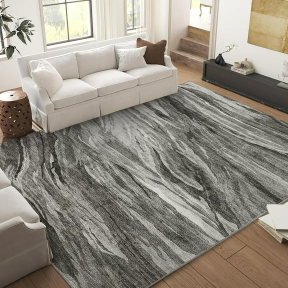 IdealHouse 8x10 Abstract Area Rug, Modern Neutral Washable Non-Slip Large Living Room Rug, Low Pile Foldable Stain Resistant Thin Carpet, Grey
