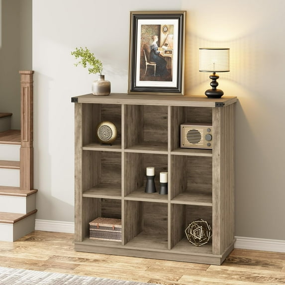 IdealHouse 9 Cube Storage Organizer Bookshelf, 37.4" Grey 4-Tier Farmhouse Bookcase, Long Low Wood Storage Shelf for Entryway & Living Room,Grey