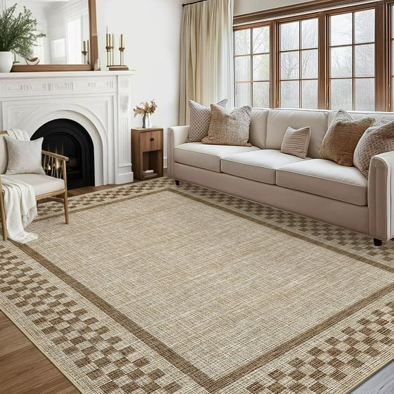 IdealHouse 9'x12' Washable Kitchen Runner Rug, Non-Slip, Soft Modern Low Pile Checkered Hallway Rug for Bedside, Bathroom, Living Room, Taupe