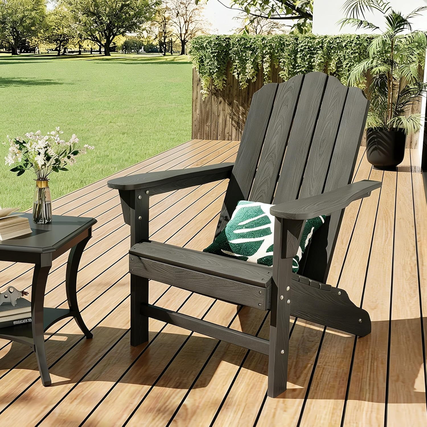 IdealHouse Adirondack Chair for Patio, HDPE Outdoor Lawn Chair with Wood Texture for Garden Backyard Deck Poolside Use